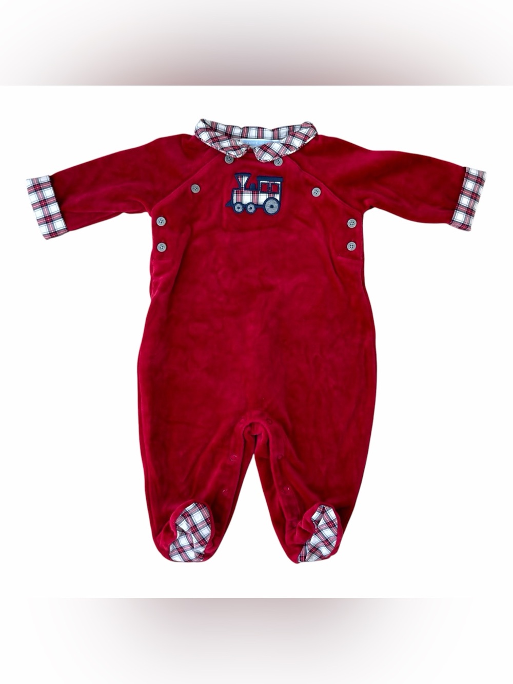 Janie and Jack Baby Boy Heirloom Red Velvet Holiday Romper Train Plaid 0-3 Month